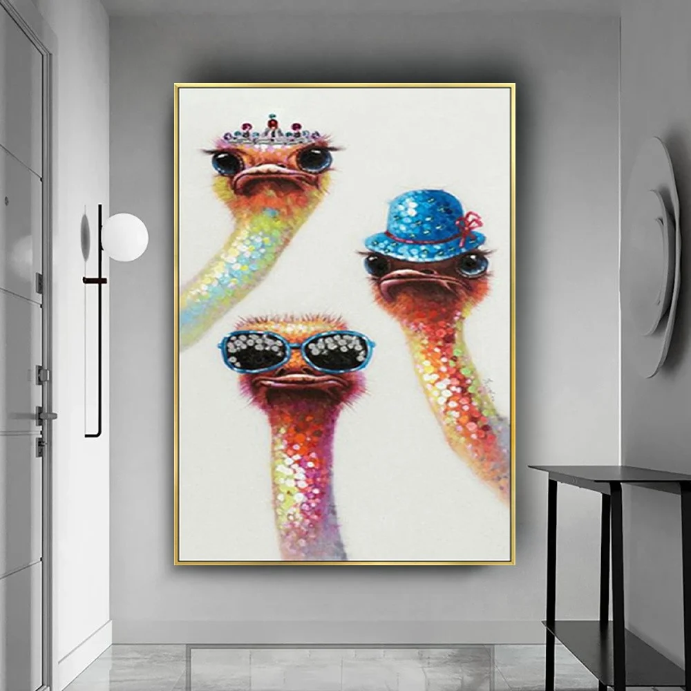 

Children's Room Animal Poster Funny Ostrich Family Pattern Wall Art Picture Color Knife Texture Abstract Oil Painting Decor Home