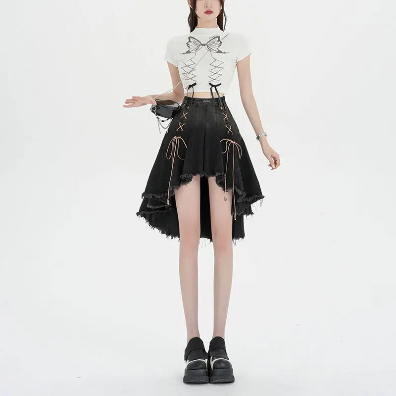 Jupes en denim taille haute pour femmes, jupes dégradées irrégulières, design à lacets A-Line, streetwear chic All-Match, été populaire, rétro Ins