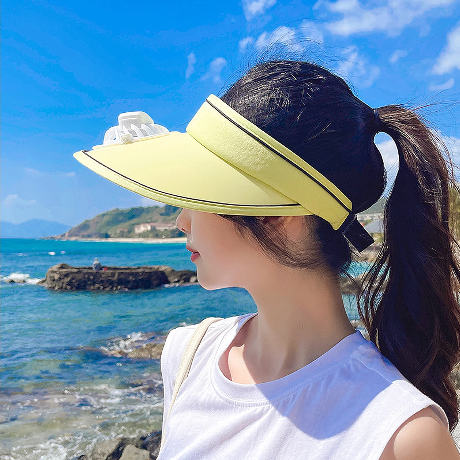 

Summer Visor Uv Protection Design Visor For Women Large Sun Hat With Adjustable Fan Rechargeable Usb Outdoor Electric Fan Sun