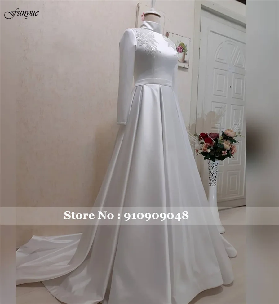 Funyue Elegant Muslim Long Sleeve Wedding Dress Lustrous Satin A-line Appliques Bride Bridal Gowns Vestido De Noiva Casamento