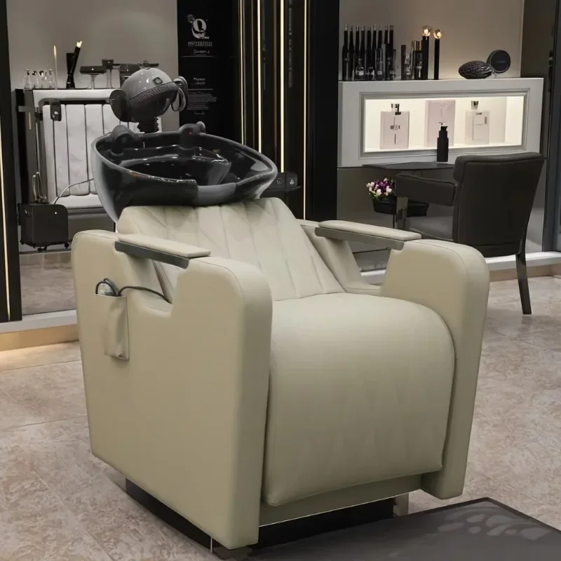 Japanese-style black PU leather shampoo chair with white bowl massage hair spa and barber shop face wash chair