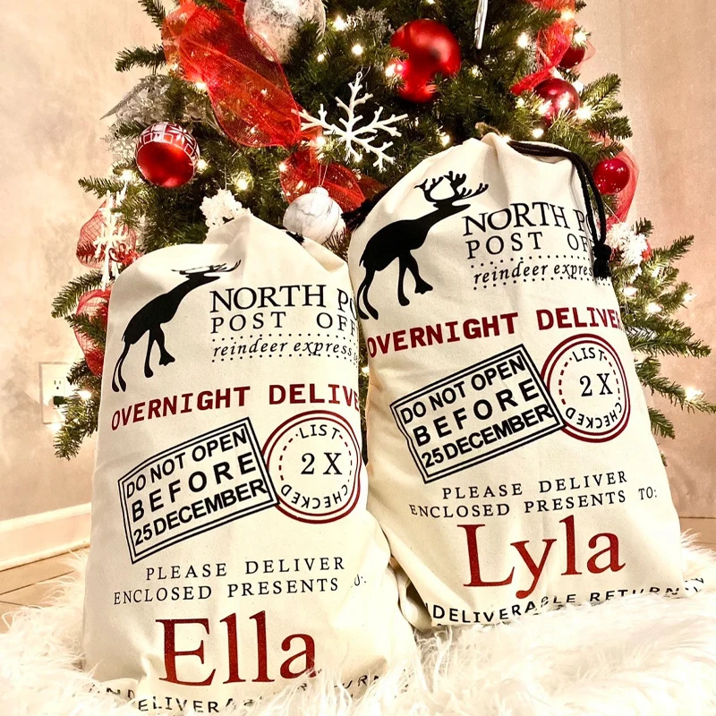 

Personalized Reindeer North Pole Santa Sack Christmas Drawstring Gift Sack for Kids Boys Girls Holiday Party Decoration Supplies