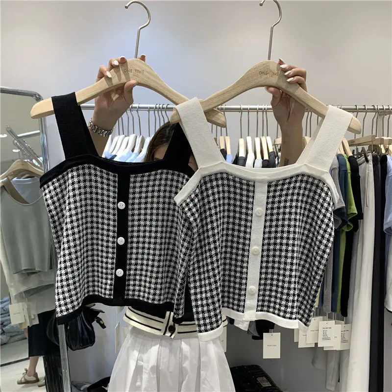 

Женские летние модные контрастные цвета, тонкие тонкие камзолы, женские простые повседневные универсальные вязаные топы без рукавов