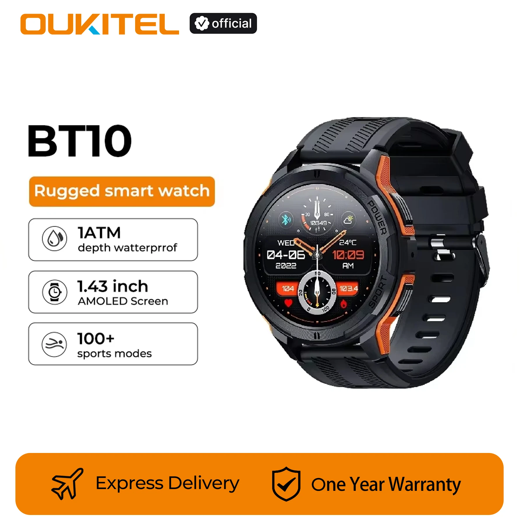Oukitel Smartwatch BT10 Watch 1.43'' AMOLED Display 410mAh Bluetooth 100+Sport Modes Phone Calls Health and Fitness Tracking