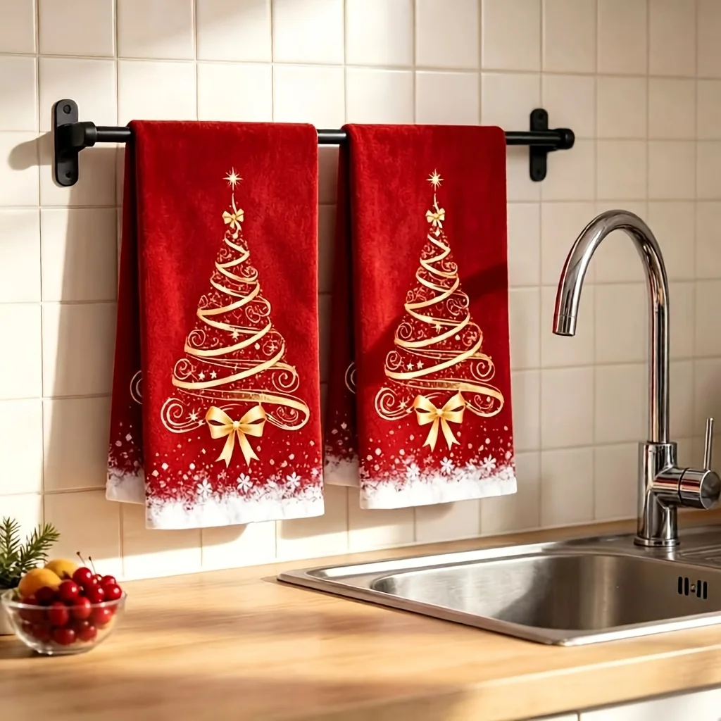 2 Pack Christmas Kitchen Towels, Golden Ribbon Xmas Tree Snowflake Decorative Dishcloths, Absorbent Hand Towels For Bathroom
