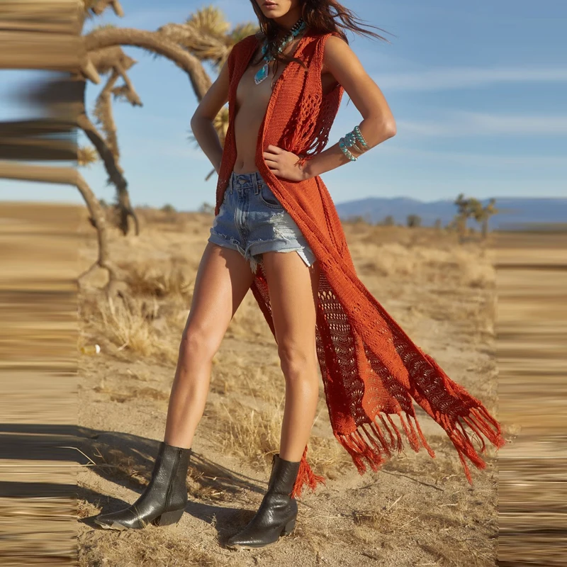 سترة نسائية طويلة بتصميم شرابة مناسبة تمامًا لتغطية الشاطئ من الكروشيه لملابس السباحة الشفافة المحبوكة لملابس السباحة على الشاطئ