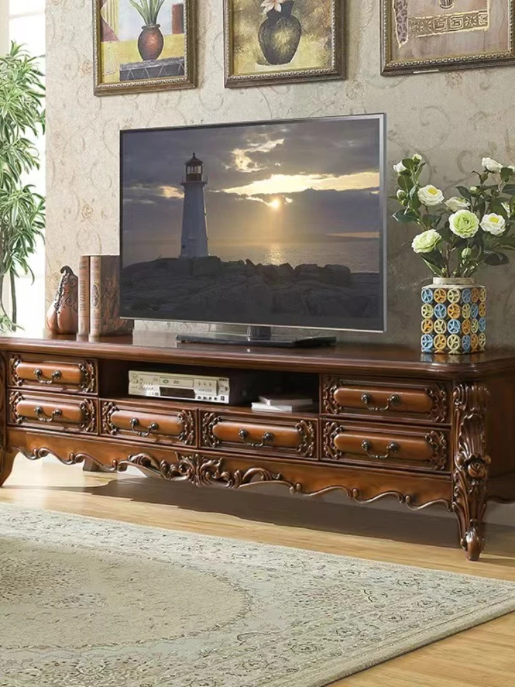 Solid Wood TV Cabinet Dark Floor Cabinet Tea Table Combination Villa Marble Cabinet