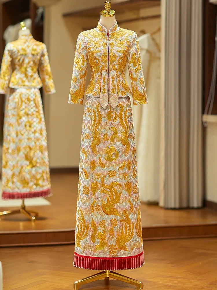 

Dragon and phoenix gua dress Chinese-style wedding for brides toasting small-sized heavy industry