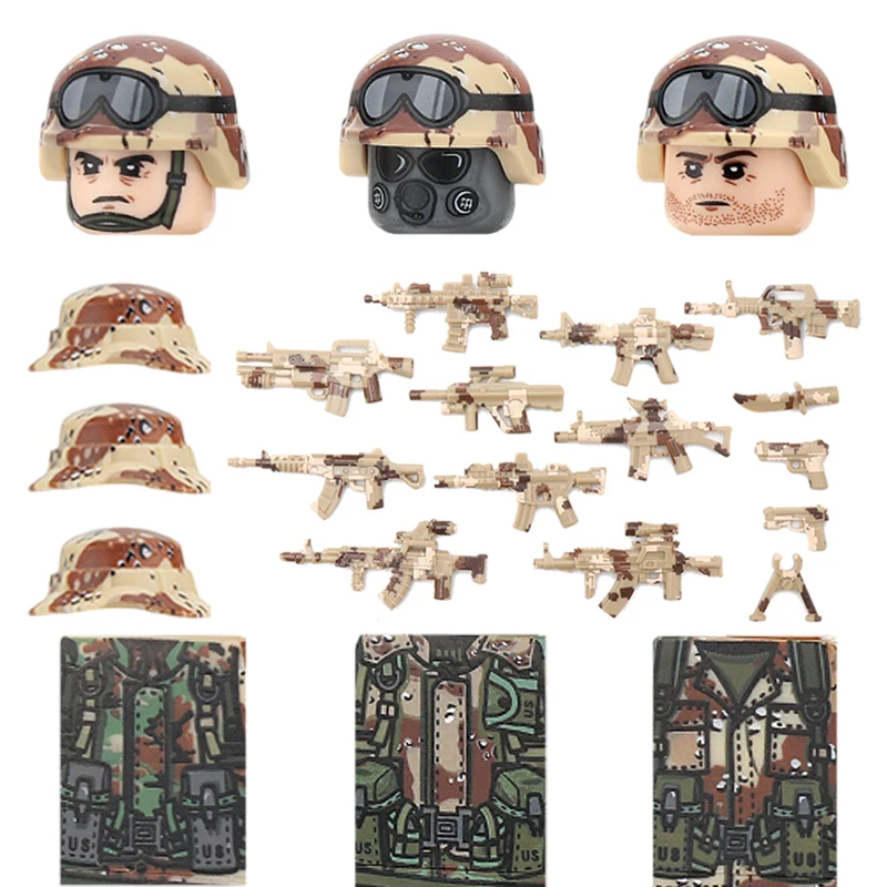 Military City Police Figures Accessories Building Blocks Army Commandos Soldier Camouflage Helmets Weapons Bricks Toys For Kids