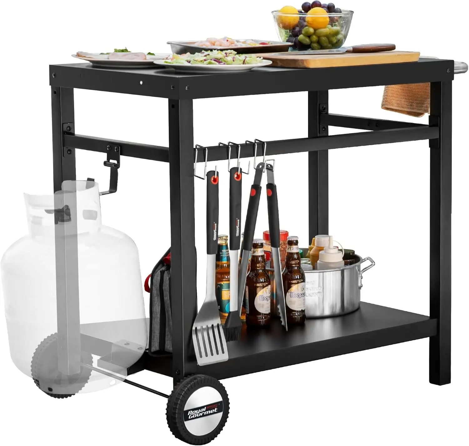 Dining Cart Table with Double-Shelf, Movable Stainless Steel Flattop Grill Cart, Hooks