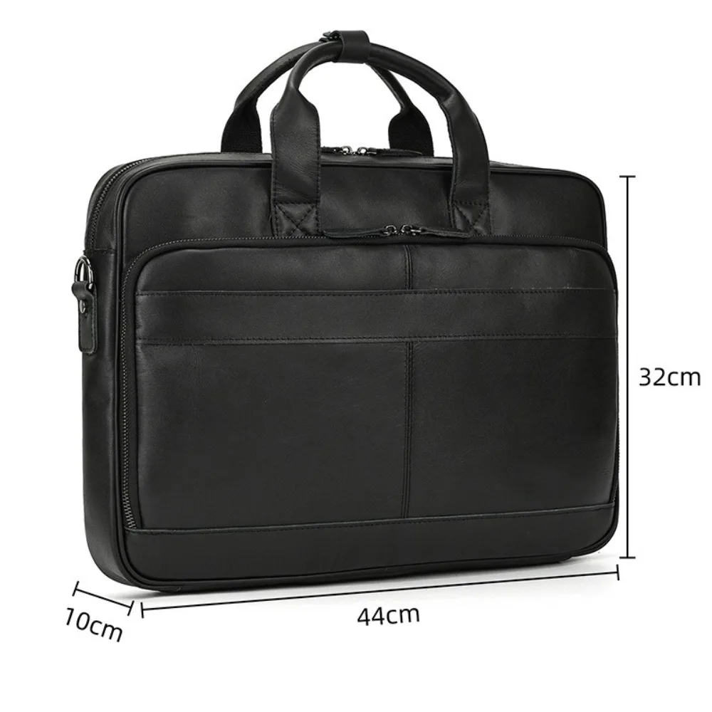 Retro Briefcase 14 Inch First Layer Cowhide Men's Black Leather Laptop Bag Versatile and Simple