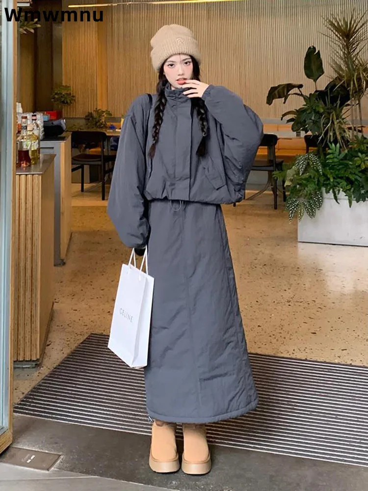 

Warm Thick Baggy Cotton Jacket Set Elastic Women's Casual Ankle-length Half Skirt Conjuntos Fashion Loose Elegant Ensembles