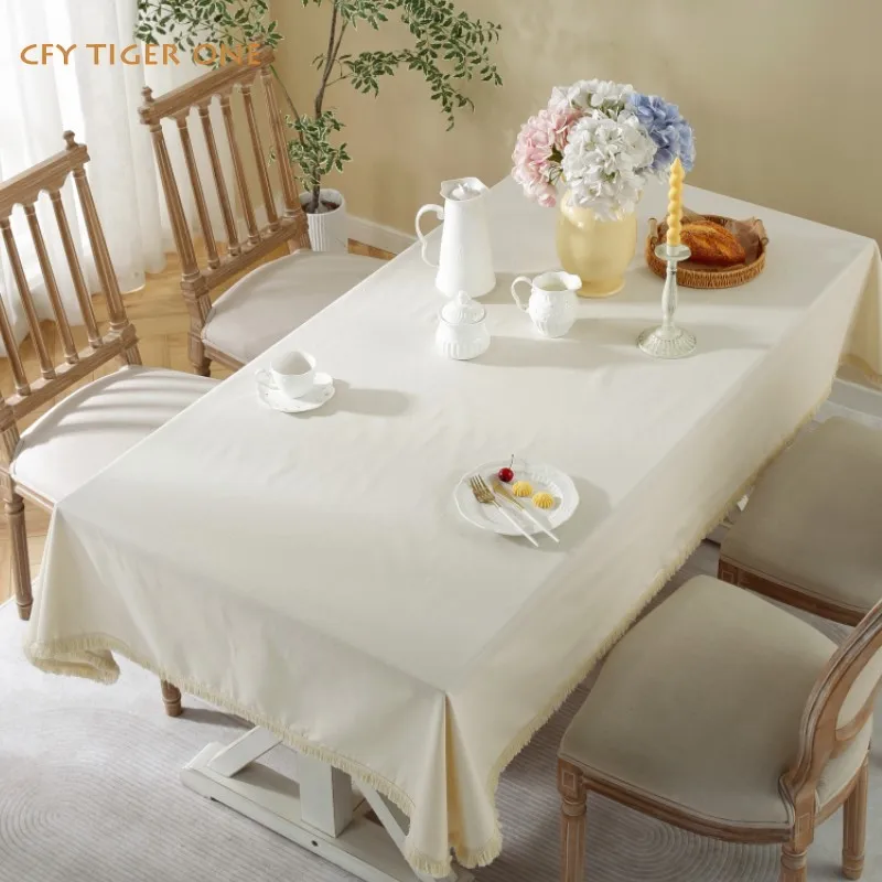 Cotton Linen Thickened Off White Color Tablecloth Thickened Tassels Antifouling Rectangular Tablecloth with Tassel Table Cover