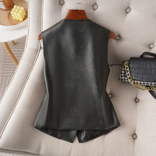 Imagen 2 del producto Chaleco de cuero con cuello en V de un solo pecho para mujer, moda de primavera y otoño, chaleco corto de cuero Pu para desplazamientos, prendas de vestir exteriores o ropa interior