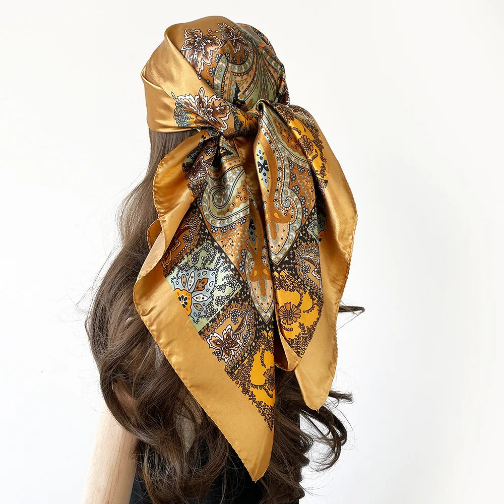 

Classic Cashew Pattern Silk Scarf Women's Trend Versatile Simulation Silk Bag Head Scarf 90cm Square Scarf Wholesale