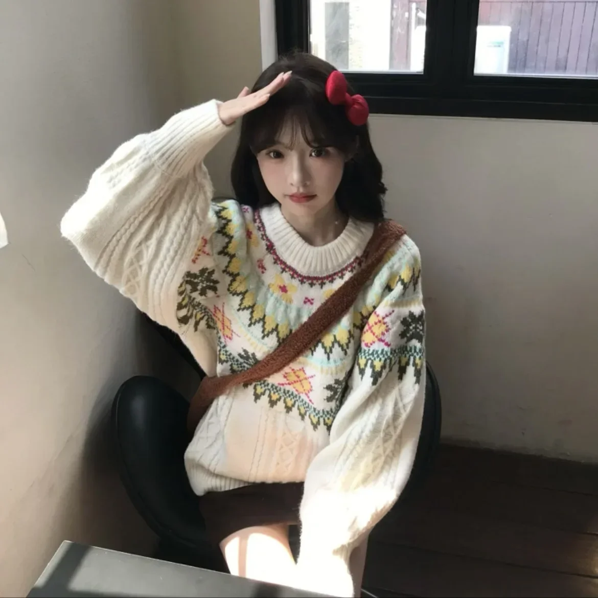 

Women's Lazy Style Ethnic Feel Knitted Top Thick Winter Fashion from Mainland China Heavyweight round Neck Pullover Sweater