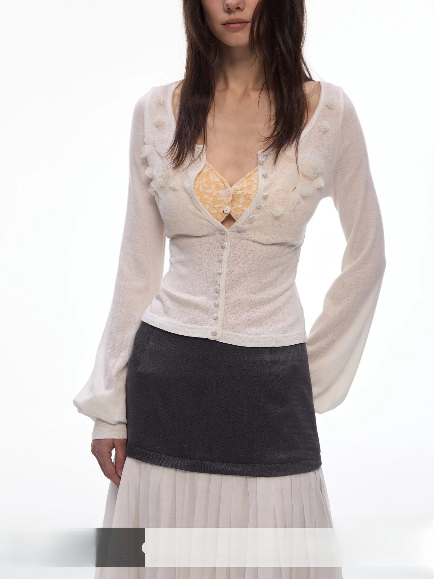 

Morning Fog Garden BiLLconch White Knitted Flower Open Cardigan Slim Fit Thin Pure Desire Style Women's Short Outerwear