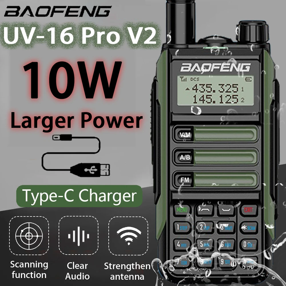 BaoFeng-UV-16 PRO Antena de Alta Potência Walkie Talkie, Walkie Talkie, Carregador Tipo-C, Transceptor Impermeável de Longo Alcance, Ham Two Way