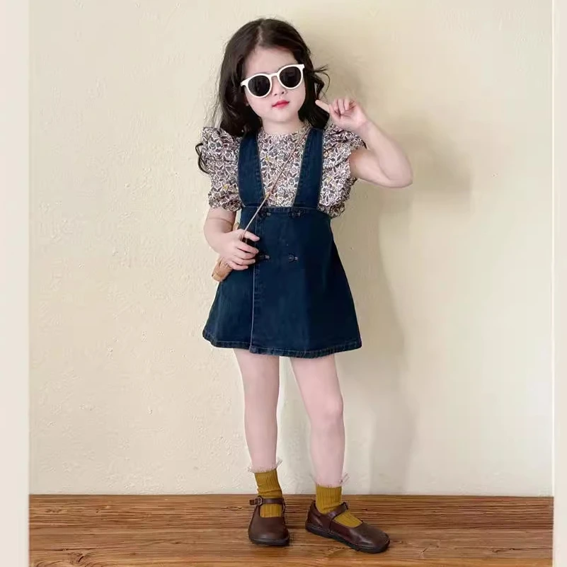 Children\'s Clothing Sets Floral Print Fly Sleeve Shirt + Denim Slip Dress 2pcs Sets Kids Clothes for Girls Kids Boutique Clothes