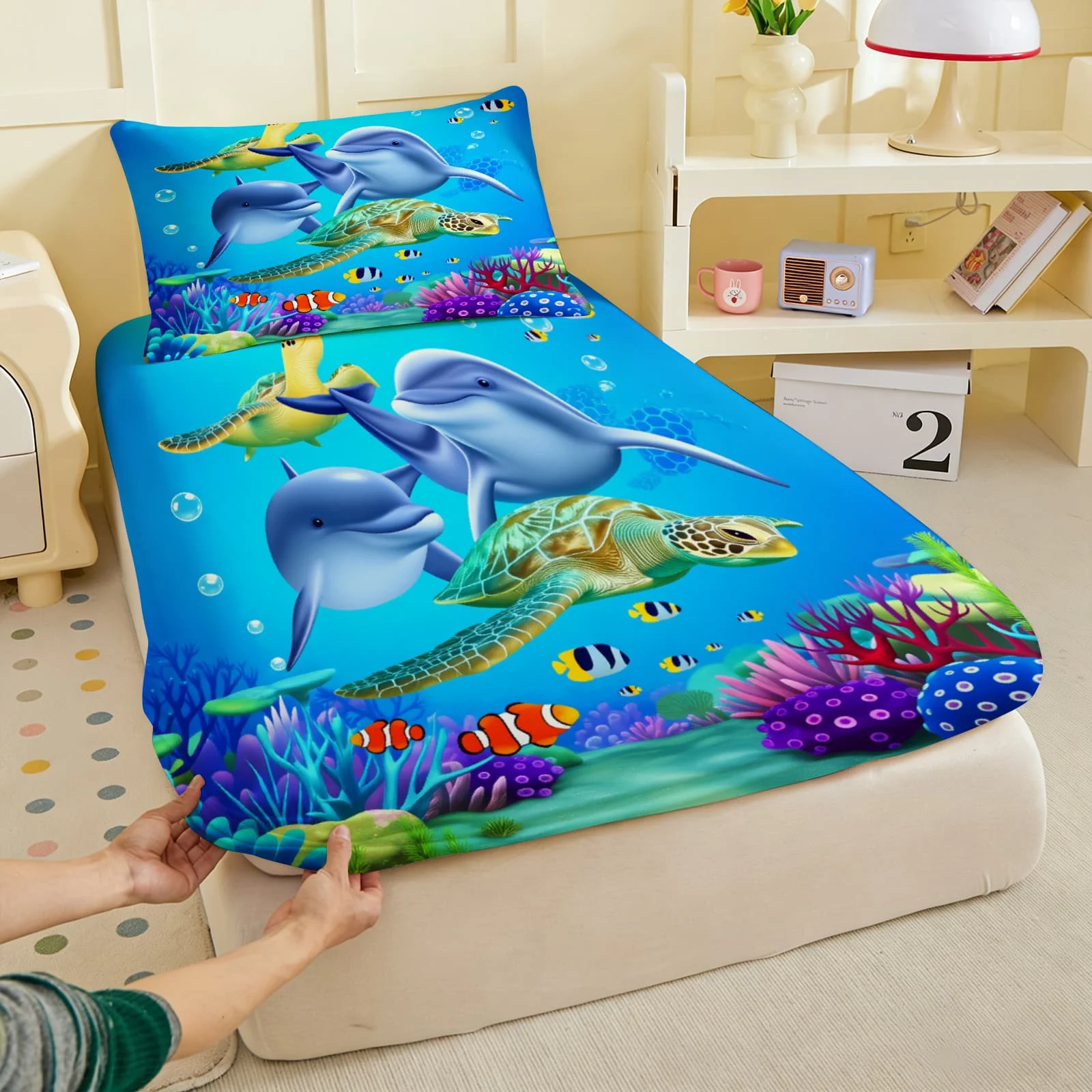 1pc 3D Dolphin & Sea Turtle Print Fitted Sheet Deep Pocket Elastic Mattress Cover Single Double Queen King Bedroom Decor