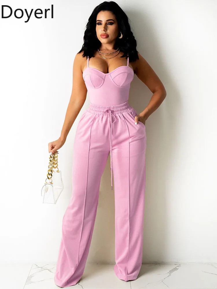 

Doyerl Solid Casual 2 Piece Set Woman Clothing Spaghetti Strap Strapless Top and Drawstring Wide Leg Pants Matching Sets Outfits
