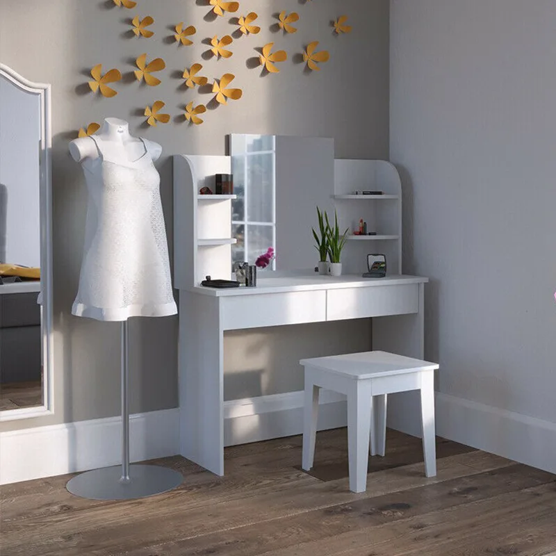 طاولة زينة مصنوعة من مادة خشبية، مقعد مرآة، ضوء ED، طاولة زينة قابلة للتعديل، كبيرة