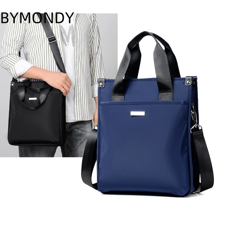 BYMONDY-Sac à main en toile de nylon pour hommes, sac fourre-tout avec sangle, étui à bombes rectangulaire, noir et bleu, sac à main d'affaires pour fichiers pour hommes, mode décontractée