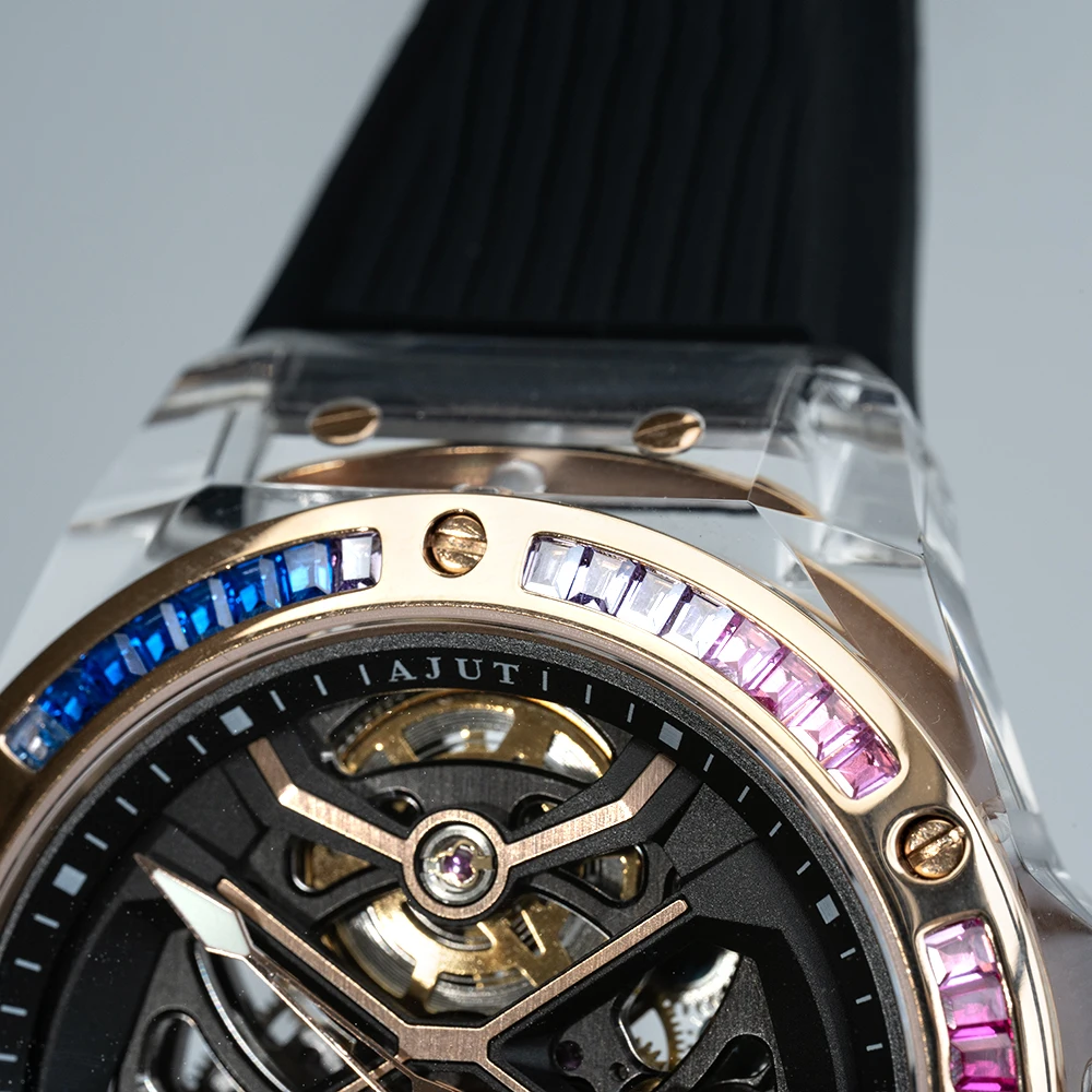 AJUT Movimento automatico Tourbillon Orologi da uomo Cassa trasparente in cristallo Orologi meccanici da uomo di lusso 0523