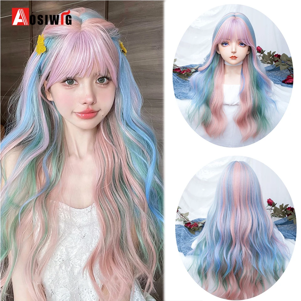 

Long Wavy Rainbow Color Wig For Women Daily Party Natural Synthetic Platinum Wigs with Fluffy Bangs Sold Lolita Wigs Heat Resist