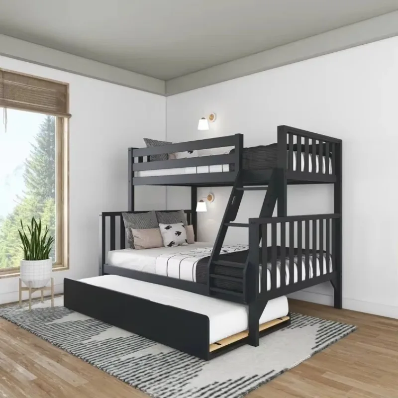 Factory Direct 2026 Solid Wood Twin Over Full Bed with Trundle for Kids for Bedroom School Hotel Living Room or Apartment