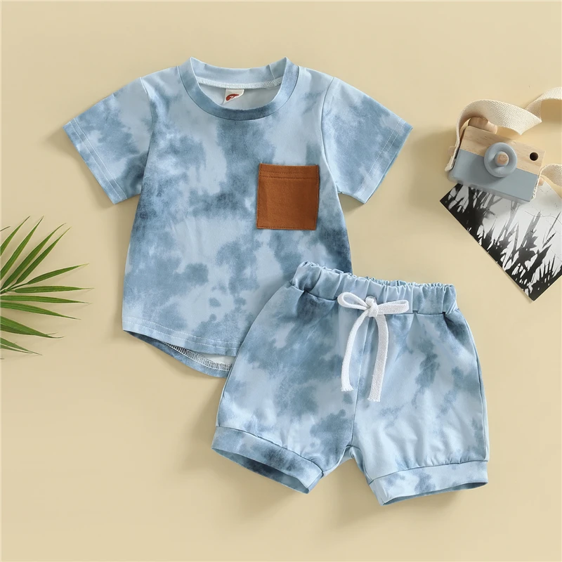 Summer Baby Clothing Boys Tie-dye Print Short Sleeve Crew Neck T-shirt + Shorts Sets Toddler Clothes 2Pcs Outfits