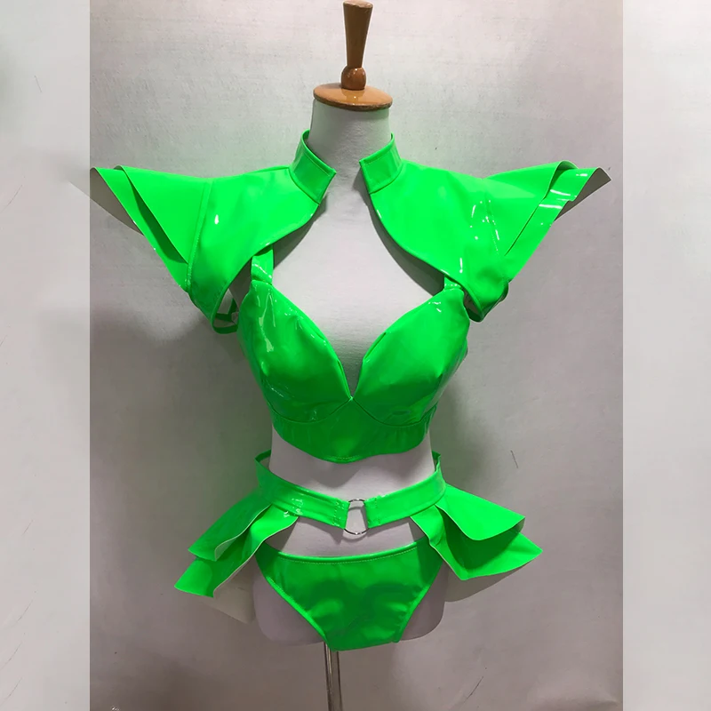 

Fluorescent Green Pole Dance Costume Gogo Dancer Outfit Flying Shoulder Vest Sexy Ds Performance Outfit Nightclub Rave Wear 3690