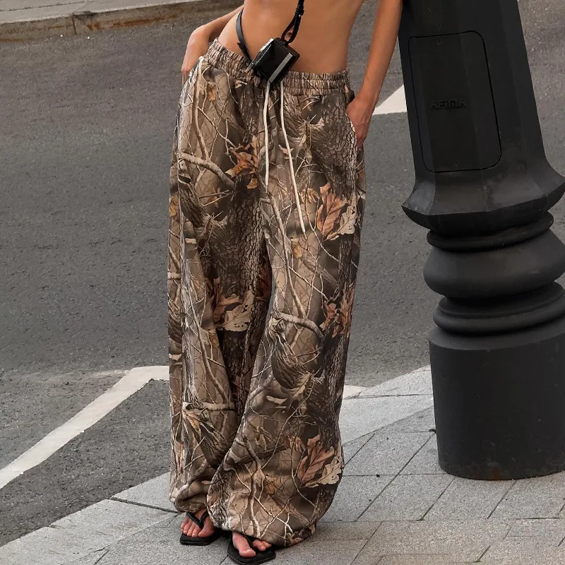 Women's clothing Jingtuan camouflage printed high-waist drawstring elastic loose straight base casual street knitted sweatpants