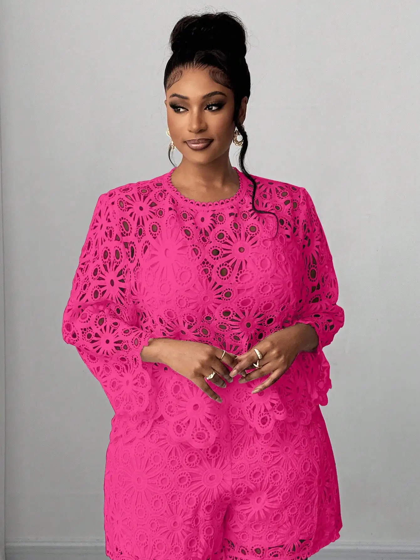 

Pink Floral Hollow Out Lace Plus Size Blouse And Shorts Set For Spring Summer Party