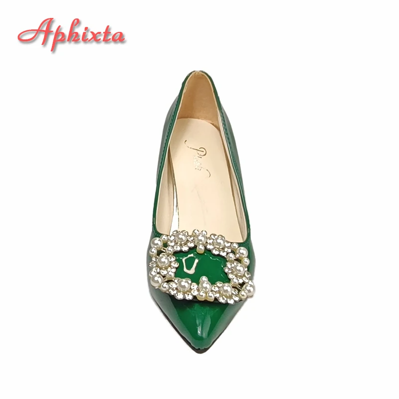 Aphixta New Dark Green Pearl Buckle Patent Leather Women\'s Pumps 7cm Square Heel Officile Pointed Toe Shoes Super Big Size 49 50