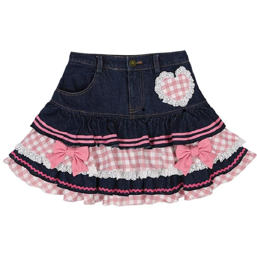 Preppy Style Lolita Kawaii Skirts Japanese Sweet Mini Women Harajuku Cute Ball Gown Denim Skater Y2K High Waist Lace Cake Skirts