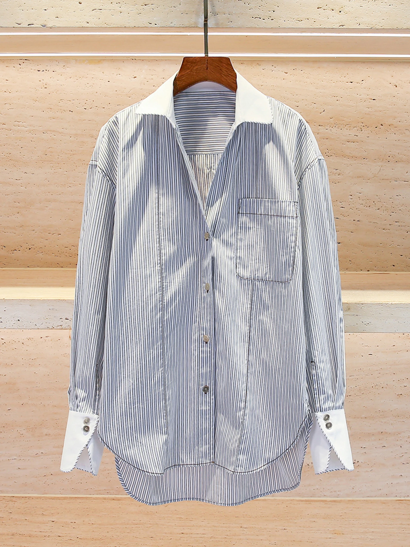 

S Home South Oil Высококачественный женский повседневный полосатый топ свободного покроя с отложным воротником для осенне-зимних поездок на работу