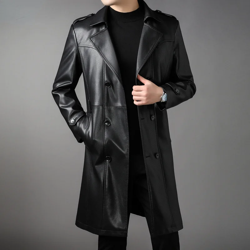 

Genuine Leather Jacket Men Mid-length Windbreaker Autumn Winter Casual Jackets Suit Collar Double-breasted Coats Jaqueta