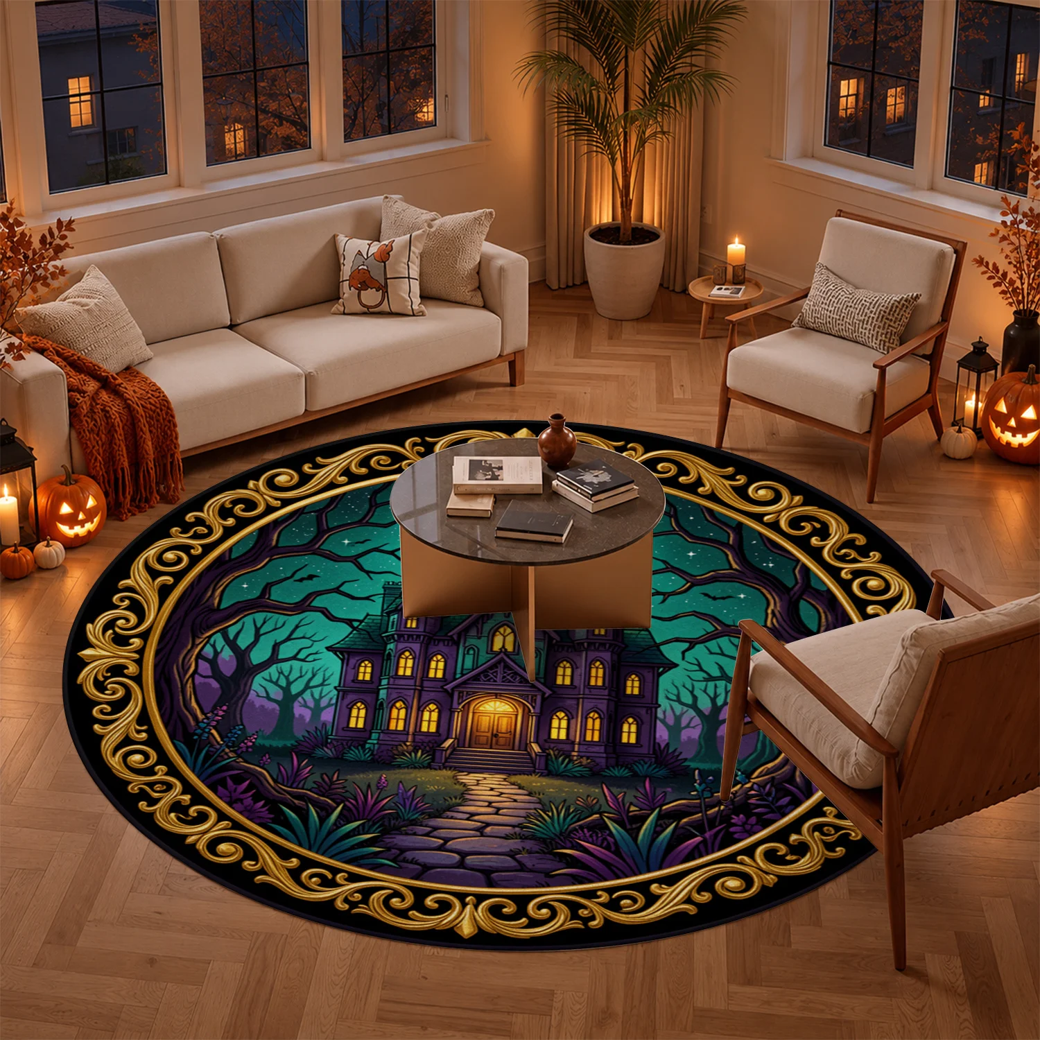 Haunted Mansion Full Moon Bat Pattern Round Velvet Doormat, Machine Washable Soft Floor Mat for Front Door Entryway Patio Living Room, Perfect for Halloween Thanksgiving Christmas New Year Black Friday Home Decor