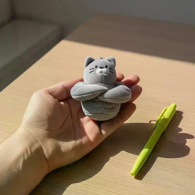 Soft Fluffy Gray Muscle Cat Plush Keychain Cartoon Plush Keyring Bag Pendant Backpack Ornament Gift For Cat Lovers