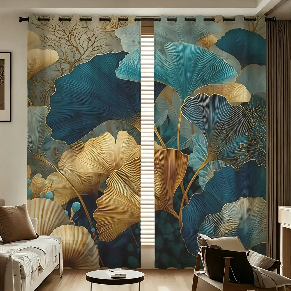 Blue Gold Ginkgo Curtains 2 Panels Light Blocking Rate 85% Printed Curtains Darkening Curtains Decoration Curtains Modern Decor