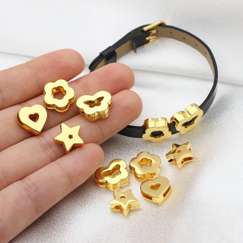 30PC/lot Hole 8MM Golden Heart Star Flower Butterfly Slide Charm Plain DIY Charms For 8mm DIY Bracelet Wristband Jewelrys