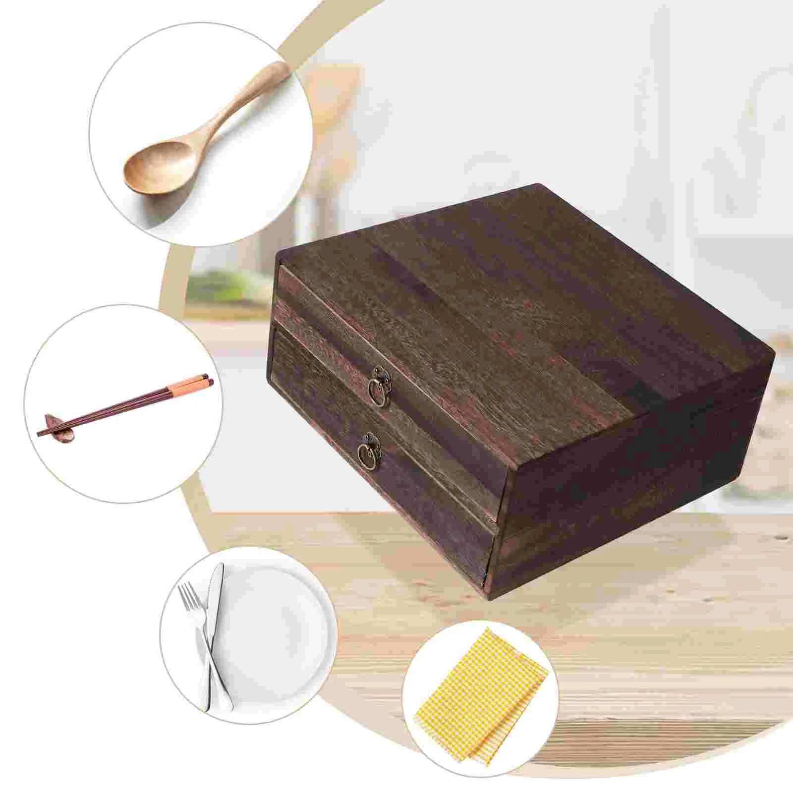 Desktop Drawer Solid Wood Table Small Storage Bins Wooden Cutlery Coffee Monitor Stand