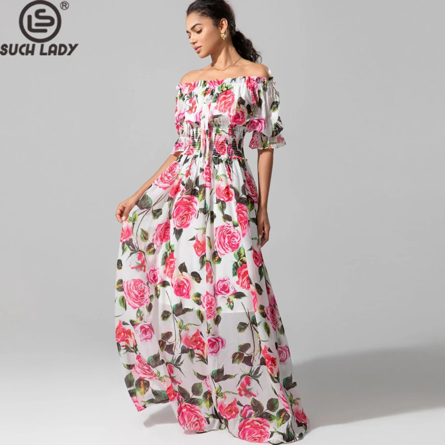 Sukienki damskie Dekolt typu slash Krótkie rękawy Elastyczna talia Kwiatowy nadruk Eleganckie designerskie sukienki maxi Vestidos