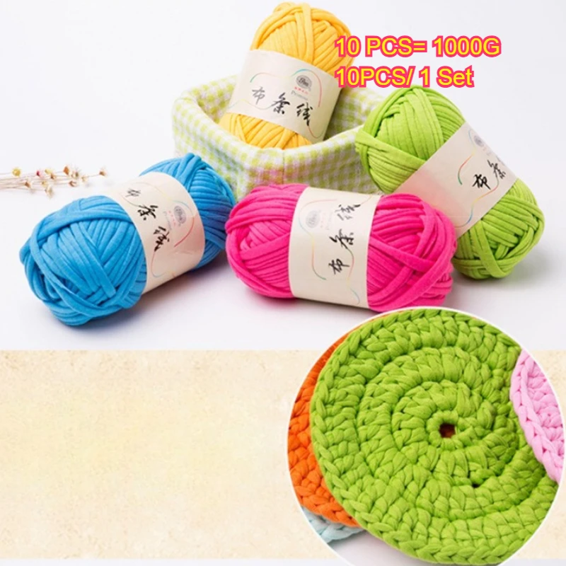 

10PCS 1000g T Shirt Yarn Thick Soft Cloth Yarn For Crochet Craft Bag Blanket Doll Basket Anti-Pilling Flat Thread Polyester Yarn