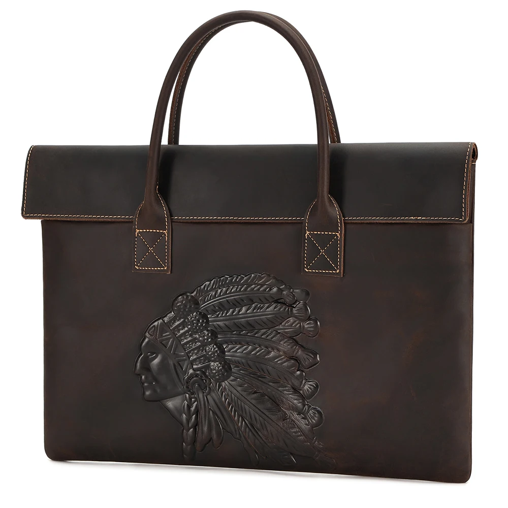 Crazy Horse-Bolso de mano para hombre, maletín de cuero ligero para ordenador portátil, viaje de negocios