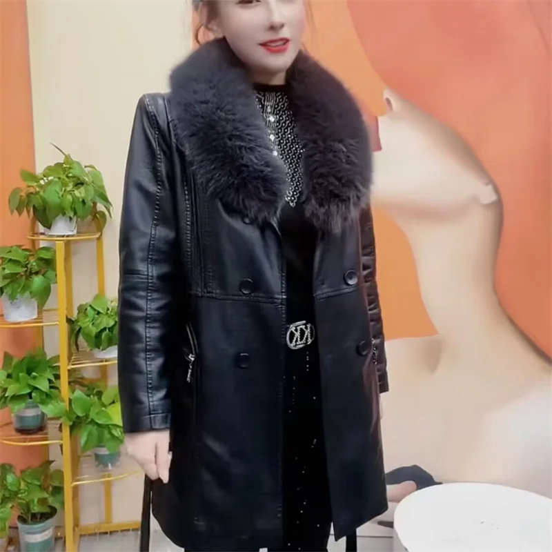 Women Fashion PU Leather Top Lady Big Fur Collar Faux Leather Outwear Winter Female Large Size 6XL Faux Leather Jacket