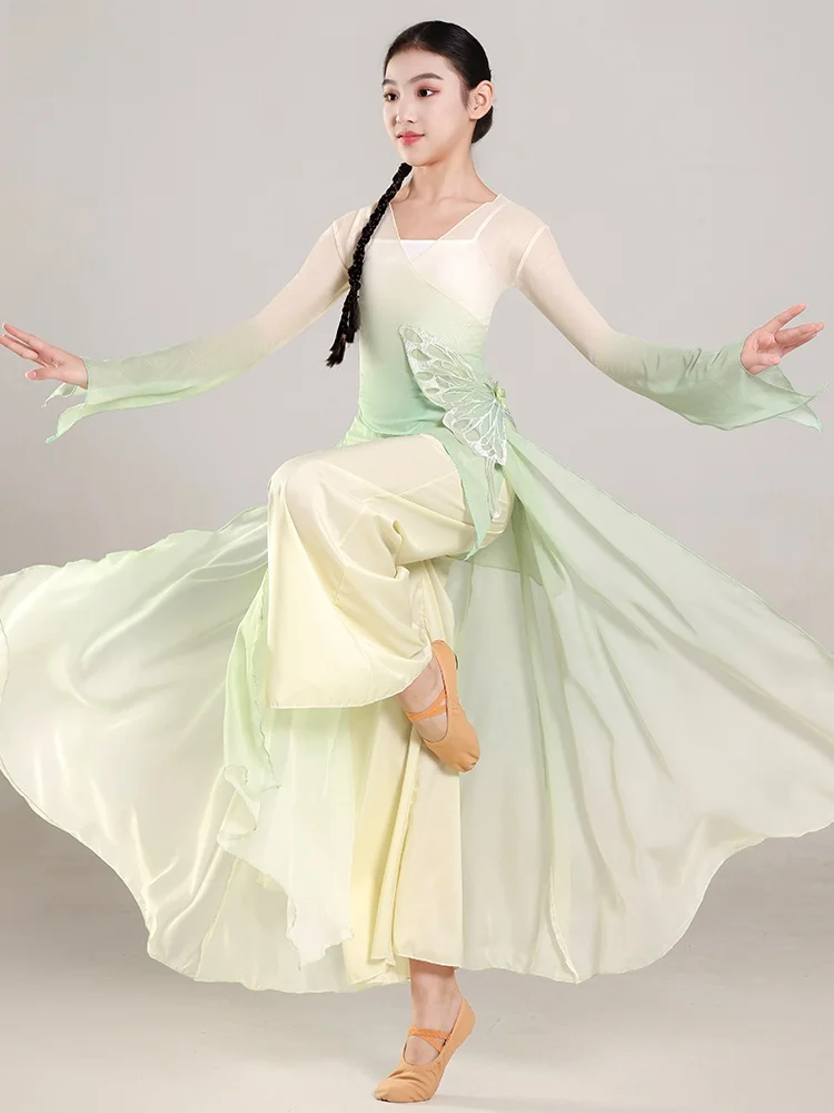 

Classical Dance Performance Costume Green Gauzy Han Tang Solo Dance Outfit for Girls Children Practice Uniform Stage Wear