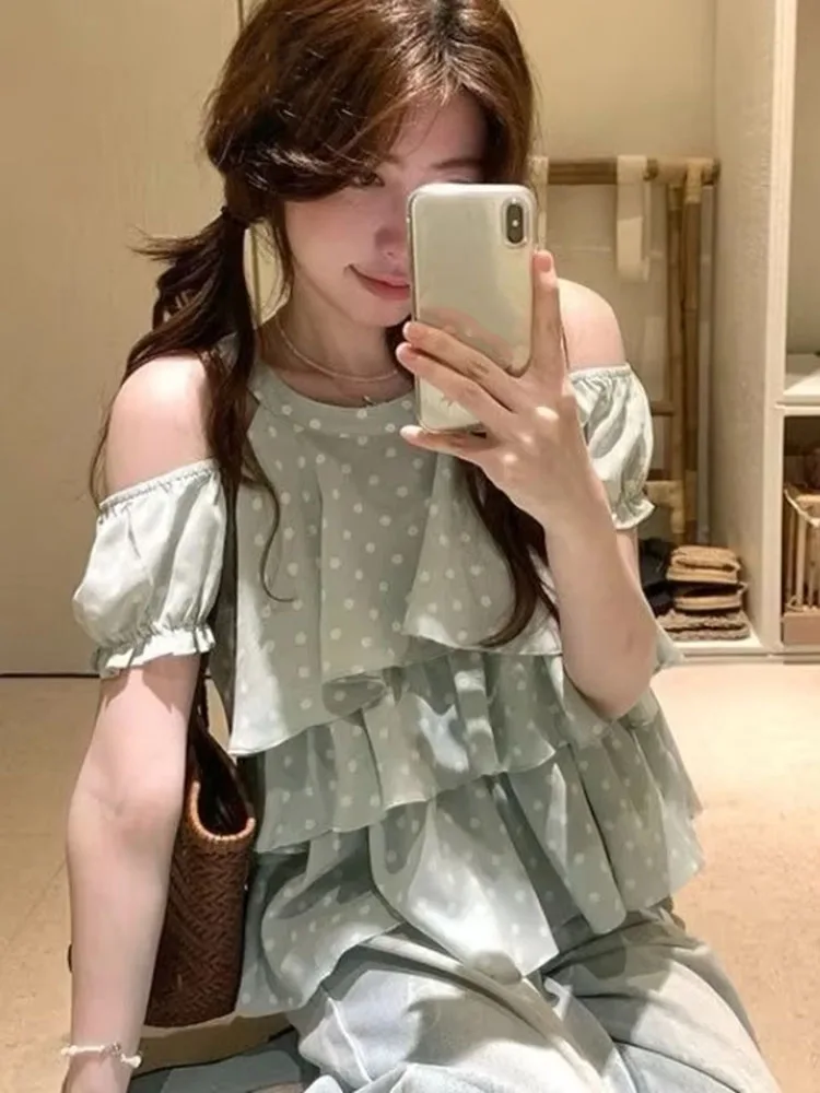 

Shirts Women Polka Dot Printed Halter Off Shoulder Short Sleeve Loose Sweet Elegant Blouse Female Casual Tops Chic