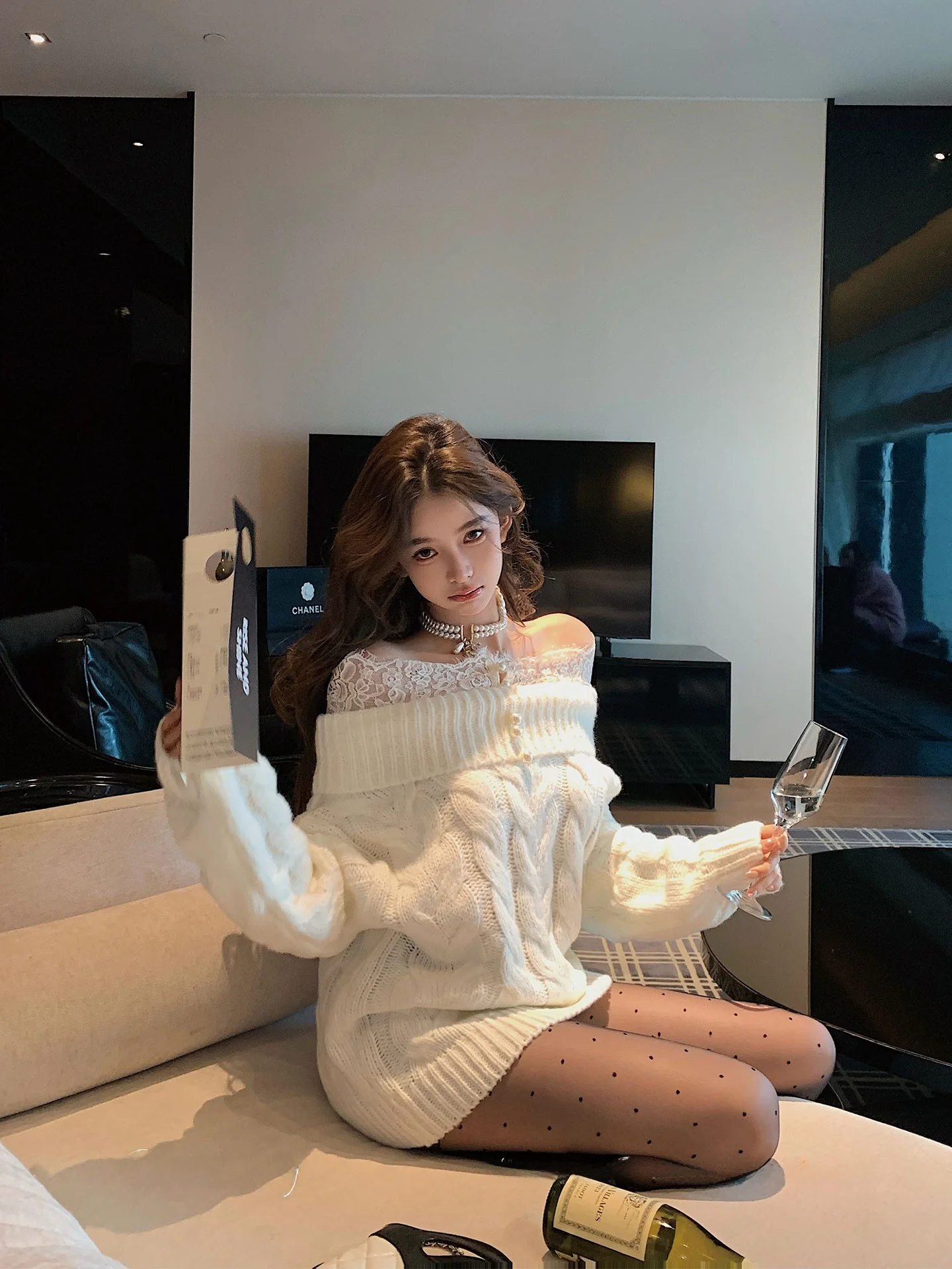 

Pure Desire Autumn Winter Knitwear One oulder Tassel Embellied Lace Splicing Casual Sle Women's Long Sve Sweater